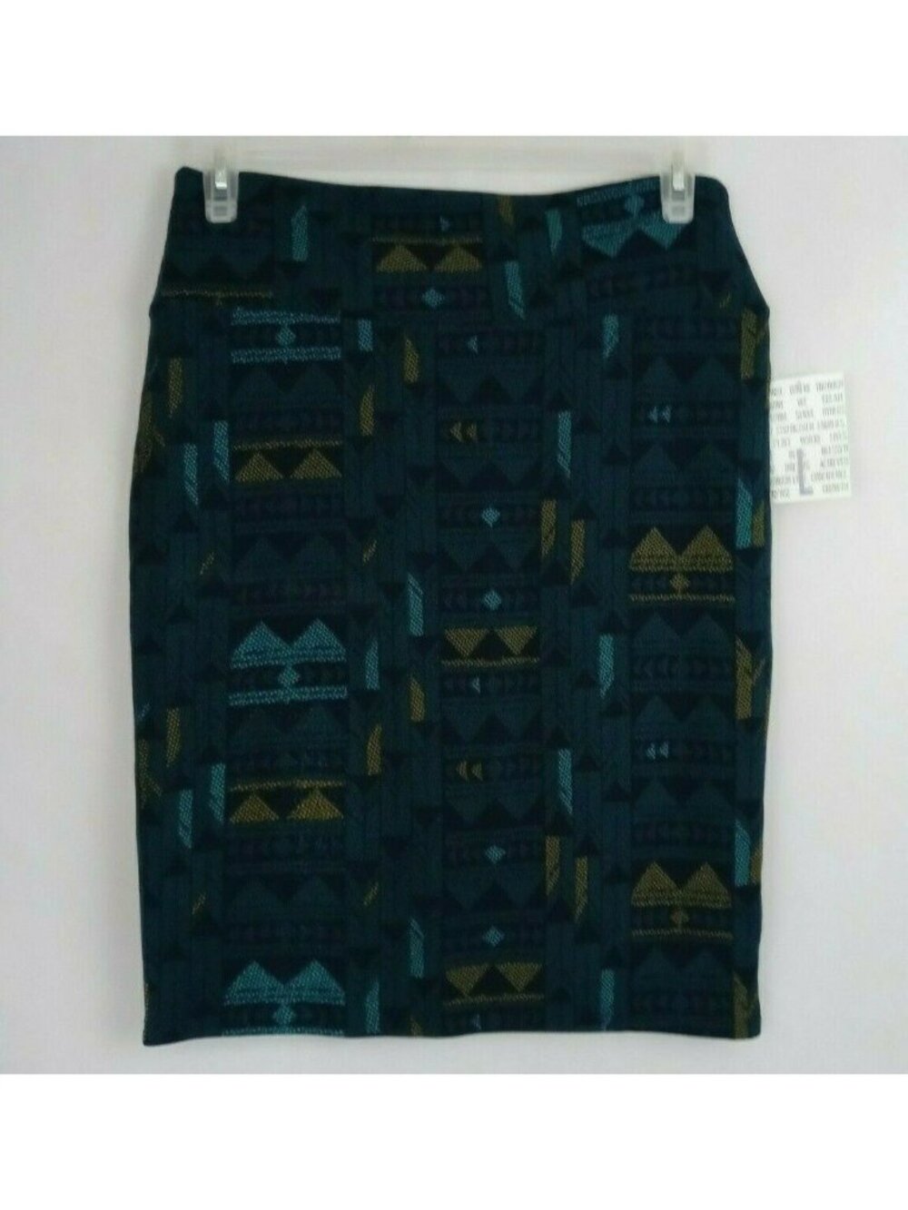 NWT Lularoe Cassie Pencil Skirt Jade With Yellow & Blue Geometric Designs Size L